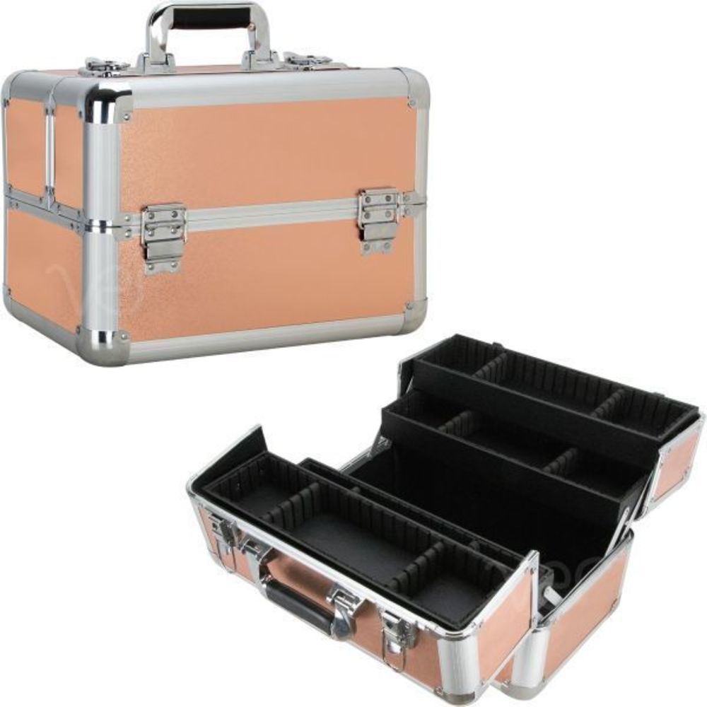 Rose Gold Professional Makeup Case Cosmetics Organizer with Extendable Trays & D